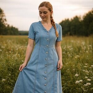 Vintage Monique Fashions Light Wash Denim Button Front Maxi Dress Puff Sleeve 8